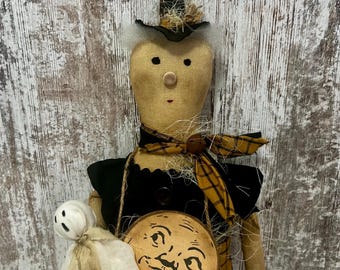 Primitive Halloween Witch Doll, Handmade Handsewn Grungy Witch, Rustic Fall Harvest Decor, Primitive Halloween Decoration