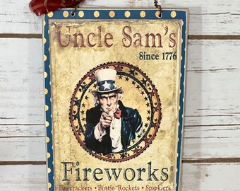 Uncle Sam's Fireworks ~ Ameriana Peg Hanger ~ Primitive Uncle Sam Decor