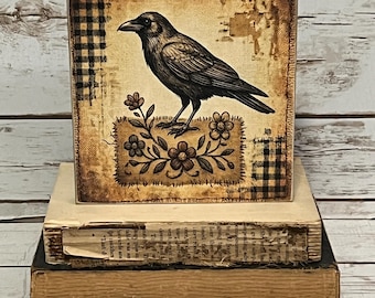 Primitive Crow Floral Block Sign – Rustic Farmhouse Decor - Tiered Tray Decor
