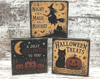 Happy Halloween Pumpkin Black Cat Witch Signs – Rustic Wood Decor ~ Tiered Tray Signs ~ Primitive Halloween Signs