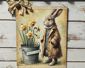 Primitive Spring Thyme Hare Bunny Sign | Rustic Rabbit Wall Decor | Vintage Style Easter Bunny Sign | Primitive Spring Door or Peg Hanger