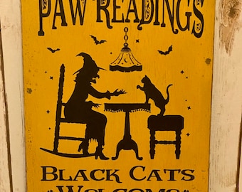 Primitive Halloween Sign, Halloween Decorations, Halloween Witch Sign, Halloween Black Cat Sign,Rustic Halloween Decor