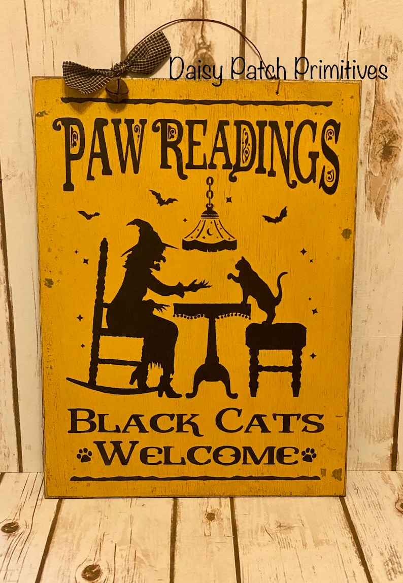 Primitive Halloween Sign, Halloween Decorations, Halloween Witch Sign, Halloween Black Cat Sign,Rustic Halloween Decor image 1