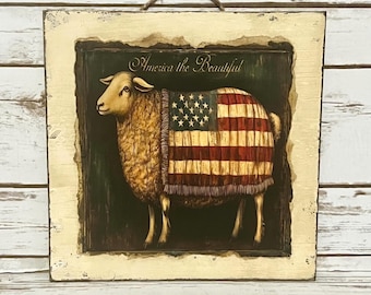 Folk Art Sheep Painting, Patriotic Americana Wall Decor, America The Beautiful Primitive Sign