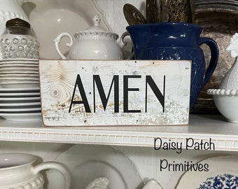 Rustic Amen Wood Sign: Farmhouse Shelf Decor