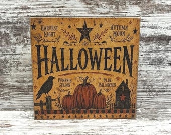Vintage Halloween Sign: Pumpkins, Crow, Olde House Decor, Primitive Fall Decor