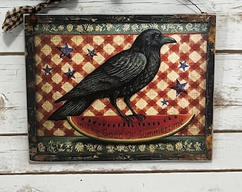 Primitive Watermelon Crow Sign, Rustic Summer Decor, Farmhouse Kitchen Wall Art Handmade Prim Sign Good Ol' Summertime