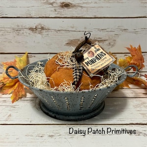 Primitive Grungy Pumpkin in Vintage Enamel Rusty Metal Strainer - Fall Farmhouse Decor - Rustic Halloween - Primitive Halloween Decor