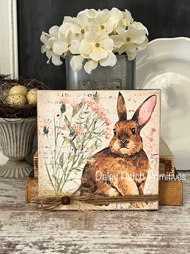 Vintage Rabbit With Pink Flowers ~ Primitive Rabbit Sign ~ Rustic ...