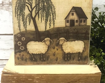 Primitive Sheep Barn Willow Tree Block Sign – Farmhouse Country Decor