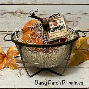Primitive Grungy Pumpkin in Vintage Rusty Metal Strainer - Fall Farmhouse Decor - Rustic Halloween - Primitive Halloween Decor