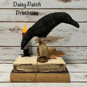 Primitive Grungy Black Crow on Spindle ~ Rustic Fall Shelf Sitter ~ Country Crow Decor