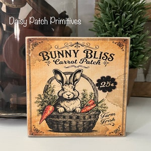 May include: A vintage-style wooden sign with a bunny rabbit holding carrots in a basket. The sign reads "Bunny Bliss Carrot Patch" and "25c Farm Fresh".