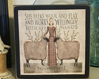 Wool And Flax Sheep Sign,Farmhouse Decor,Farmhouse Sign,Primitive Decor,Primitive Sign