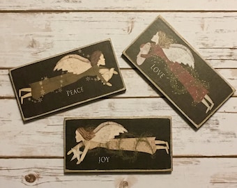 Set of 3 Angel Signs,Angel Sign Gift,Primitive Angel Sign,Christmas Decor,Primitive Sign