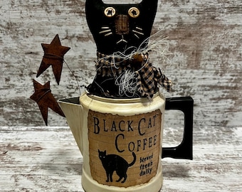 Black Cat Coffee Pot, Primitive Decor, Halloween Kitchen Accent