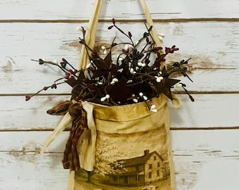 Primitive Farmhouse Decor Bag, Sheep, Floral Accents, Primitive Americana Decor