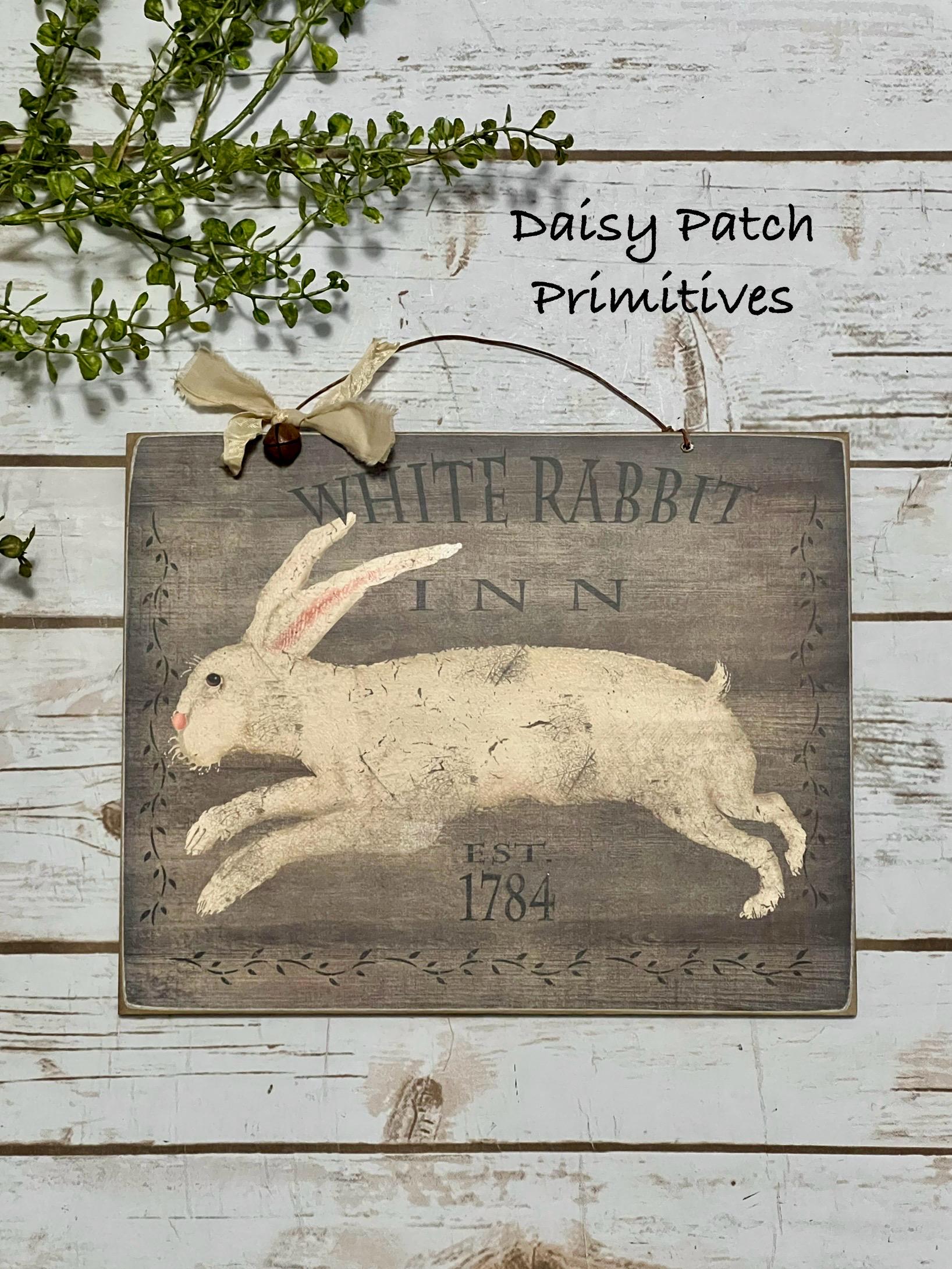 Primitive Folk Art Rabbit Wooden Sign ~ White Rabbit Inn Wood Sign ...
