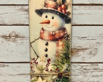 Primitive Christmas Snowman Sign, Rustic Winter Wood Sign, Handmade Farmhouse Holiday Decor, Distressed Country Wall Art