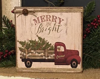 Primitive Christmas Sign - Primitive Merry & Bright Christmas Sign - LIttle Red Truck Sign - Rustic Christmas Sign - Farmhouse Christmas
