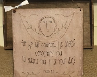 Angel Sign,Angel Stitchery,Primitive Angel Sign,Christian Gift,Bible Quote,Rustic,Primitive Decor