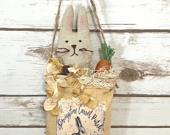 Primitive Spring Bunny Hanging Bag ~ Rustic Easter Decor ~ Country Farmhouse Ornament ~ Folk Art Bunny Peg Hanger
