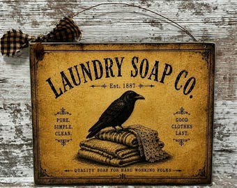 Primitive Crow Laundry Room Sign | Handmade Rustic Wood Wall Decor | Whimsical Folk Art Laundry Sign | Country Farmhouse Laundry Decor