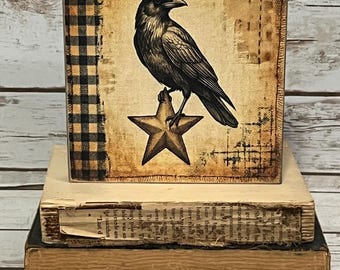 Primitive Crow Star Block Sign – Rustic Farmhouse Decor - Tiered Tray Decor