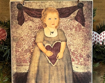 Valentine, Valentine Sign, Folk Art Valentine, Valentine Girl, Primitive Valentine Sign, Rustic Heart