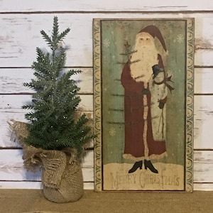 Primitive Christmas Santa Sign -Santa with Snowman Sign - Folk Art Santa Sign - Primitive Santa Sign - Primitive Christmas Sign