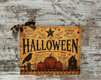 Vintage Halloween Sign: Pumpkins, Crow, Olde House Decor, Primitive Fall Decor