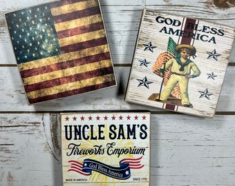 Set Of 3 Americana Tiered Tray Signs ~ Americana Decor ~ Rustic Americana Decor ~ Shelf Sitter Signs