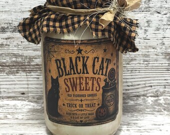 Black Cat Sweets Pantry Jar: Vintage Halloween Decor, Primitive Halloween Decor