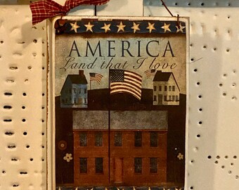 Primitive Americana Sign: Rustic Saltbox Decor with Peg Hanger