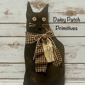 Primitive Halloween Boo Cat - Handmade Black Cat - Grungy Folk Art - Rustic Halloween Decor