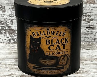 Primitive Halloween Paper Mache Box ~ Black Cat Licorice Rustic Distressed Box ~ Halloween Decoration