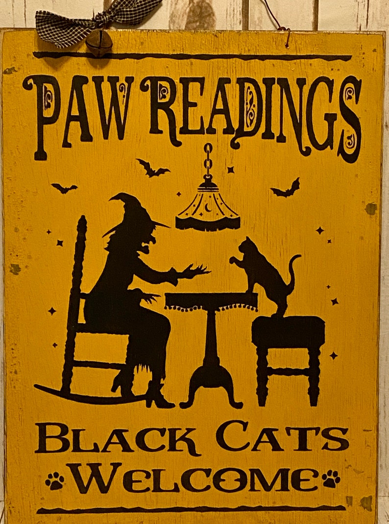 Primitive Halloween Sign, Halloween Decorations, Halloween Witch Sign, Halloween Black Cat Sign,Rustic Halloween Decor image 2