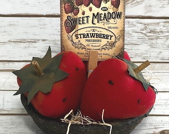 Primitive Strawberry Bowl Fillers, Handmade Rustic Farmhouse Decor, Grungy Strawberries in Basket, Tiered Tray Accent