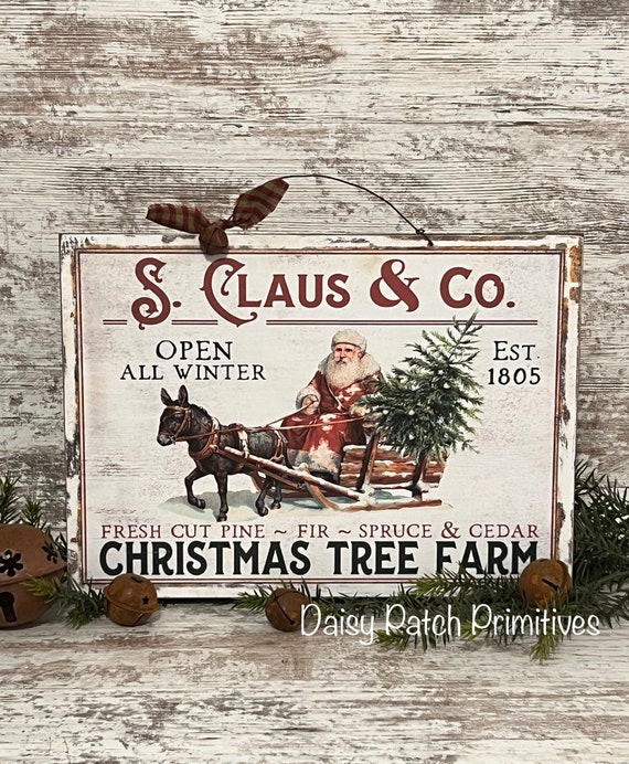 Large Santa Claus Christmas Tree Farm Sign Santa Claus Sled Sign