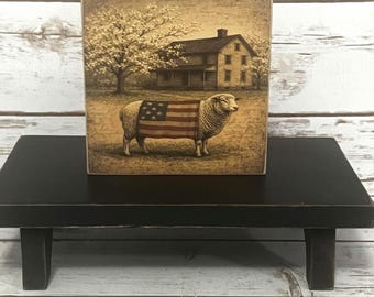 Primitive Americana Sheep Wood Sign, Rustic Farmhouse Decor, Vintage Style Patriotic Sign, Tiered Tray Decor, Country Shelf Sitter