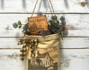Primitive Farmhouse Muslin Bag ~ Peg Hanger, Primitive Decor, Door Hanger, Primitive Sheep Decoration
