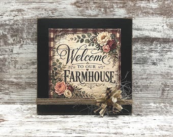 Rustic Farmhouse Welcome Sign | Handmade Black Wood Sign | Distressed Farmhouse Wall Decor | Shelf Sitter | Entryway Decor