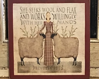 Primitive Sheep Wood Sign: Farmhouse Folk Art Decor