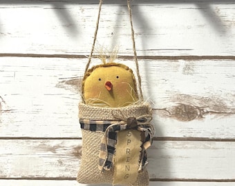 Fabric Chick with Burlap Bag and "Spring" Tag Decoration