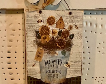 Primitive Peg Hanger Sign,Primitive Decor,Bee Decor,Sunflower Decor,Bee Happy Sign,Rustic Decor