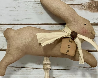 Primitive Bunny on Spindle | Rustic Easter Rabbit Decor | Farmhouse Spring Decor | Grungy Bunny with Rusty Bell | Handmade Prim Decor