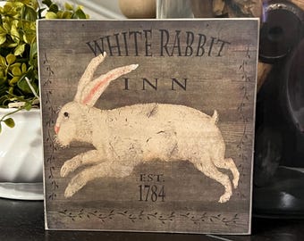 Primitive White Rabbit Inn Wood Sign, Folk Art Rabbit Decor, Rustic Bunny Shelf Sitter, Spring Tiered Tray Decor, Farmhouse Bunny Sign