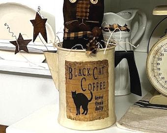 Black Cat Coffee Pot, Primitive Decor, Halloween Kitchen Accent