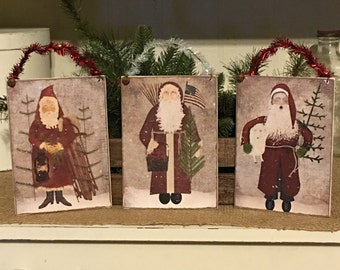 Primitive Christmas Signs -Primitive Christmas Ornaments - Folk Art Santa Ornaments - Santa Claus Signs - Christmas Tree Ornaments