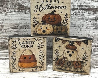 Happy Halloween Pumpkin Ghost Candy Corn Signs – Rustic Wood Decor ~ Tiered Tray Signs